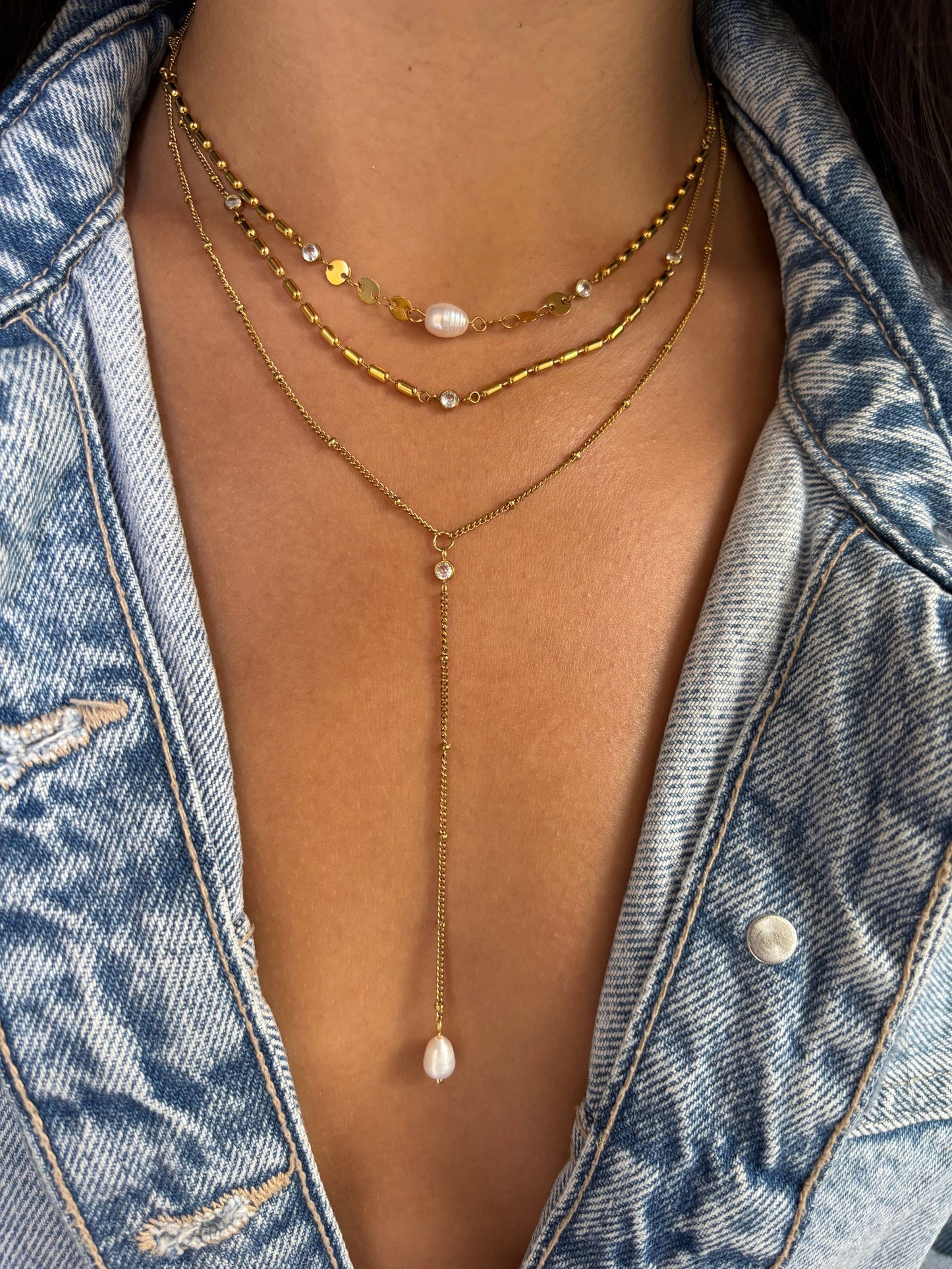 18ct Gold Plated Fresh Water Pearl Triple Chain Necklace OR33