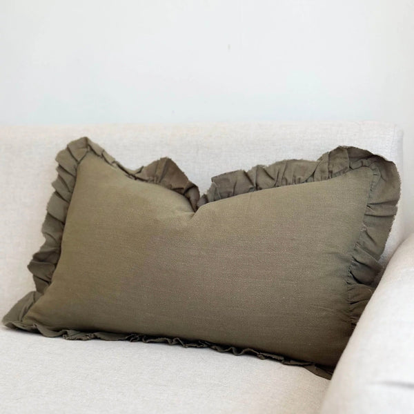 Greta Ruffle Edge Olive Oblong Cushion - 50x30cm