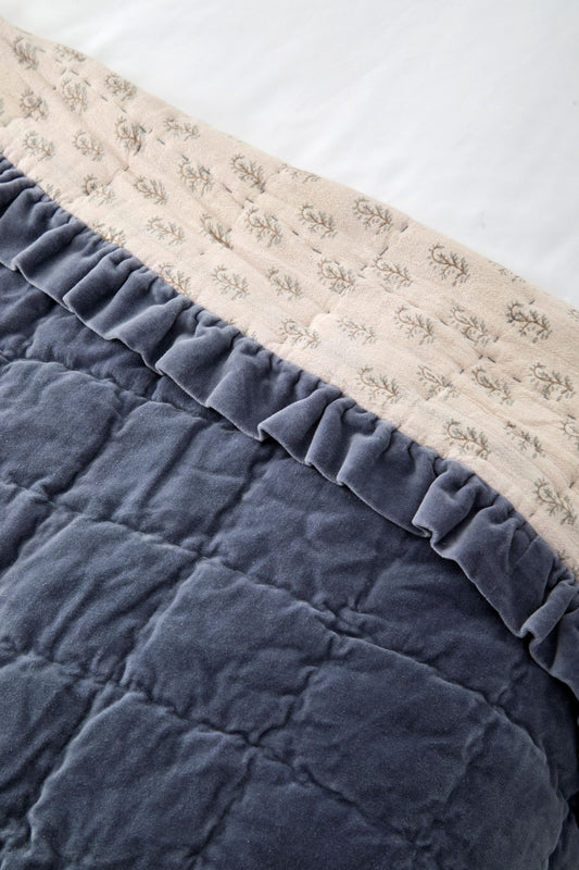 Matilda Velvet Ruffle Bedspread in Slate Blue