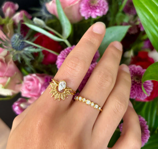 18ct Gold Plated Cubic Zirconia Sun & Drop Stacking Ring Set OR32