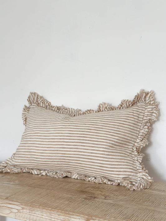 Harper Ruffled Linen Cushion 50x30 – Light Brown Stripe