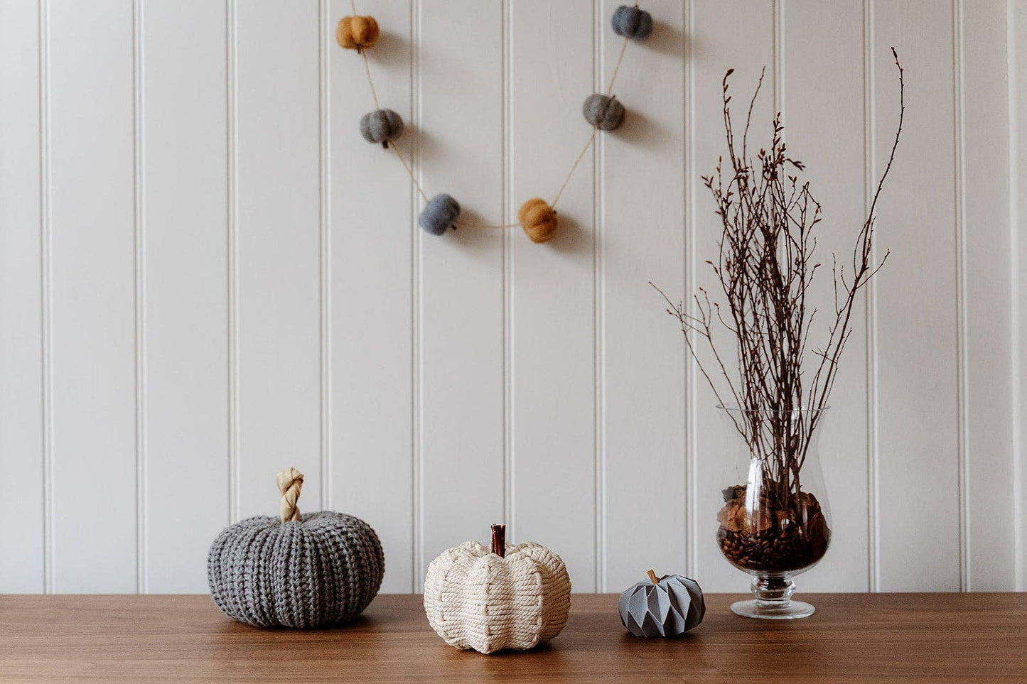 Cream Rope Pumpkin With Wooden Stalk