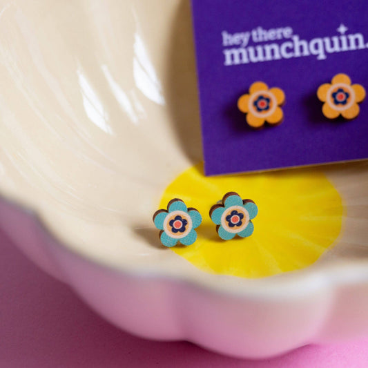 Blue Daisies - eco friendly wooden stud earringsf