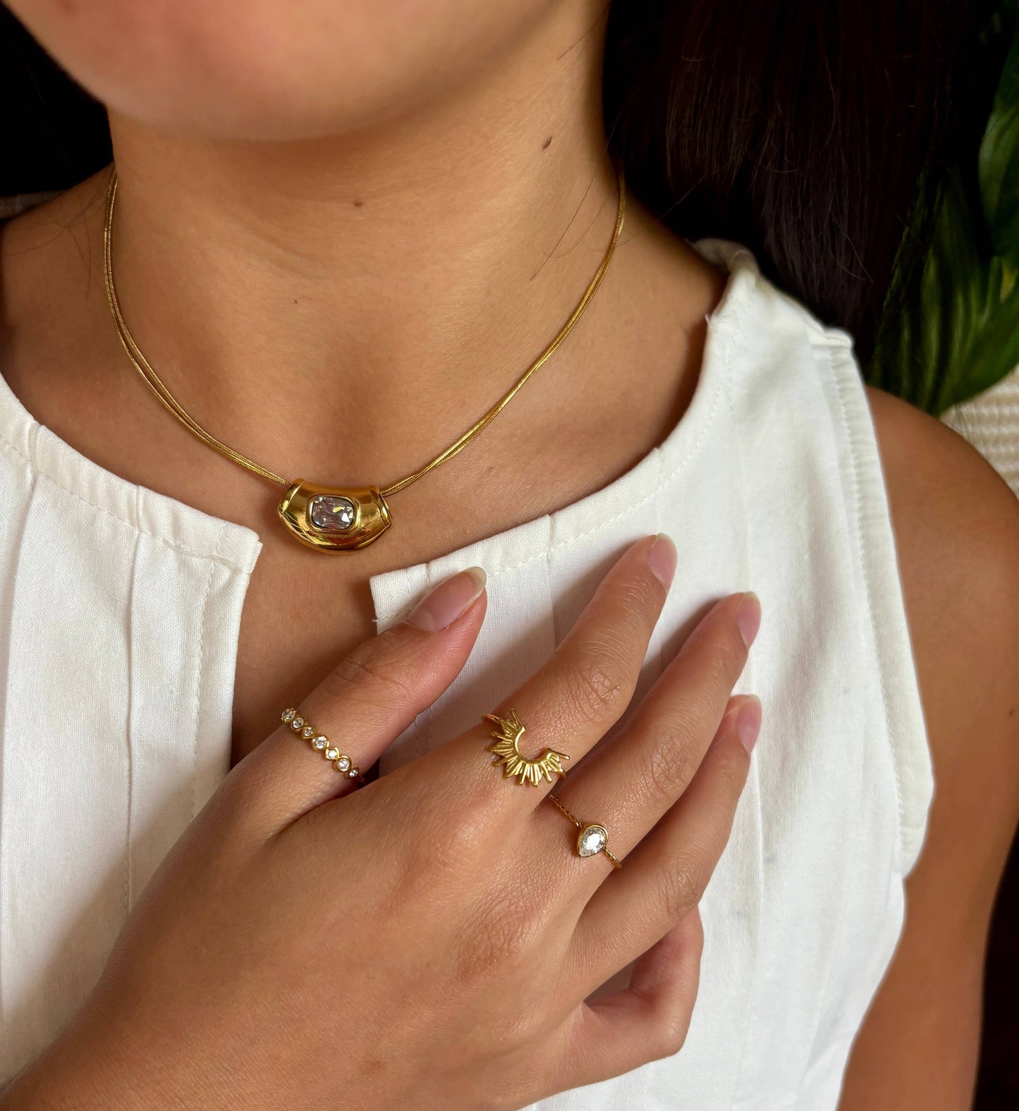 18ct Gold Plated Cubic Zirconia Sun & Drop Stacking Ring Set OR32