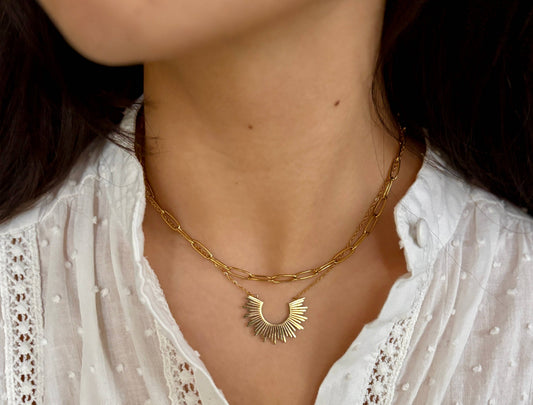 18ct Gold Plated Sun Pendant Double Chain Necklace OR88