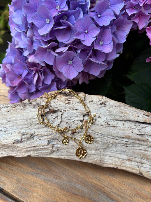 18ct Gold Plated Tourmaline Beads Double Chain Bracelet OR43