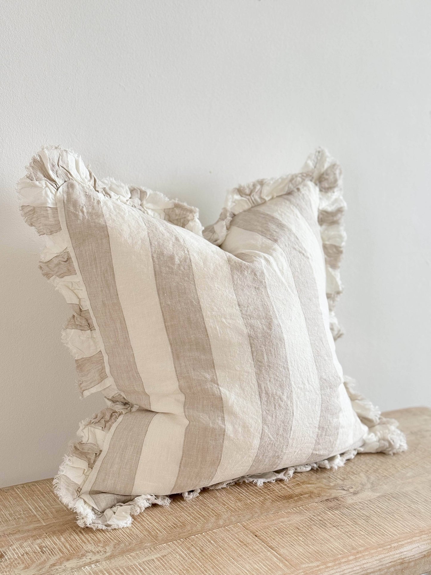 Hallie Ruffled Linen Cushion Cover 45 x 45cm – Beige & Cream Wide Stripe