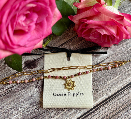 18ct Gold Plated Rhodochrosite Sun Disc Bracelet OR51