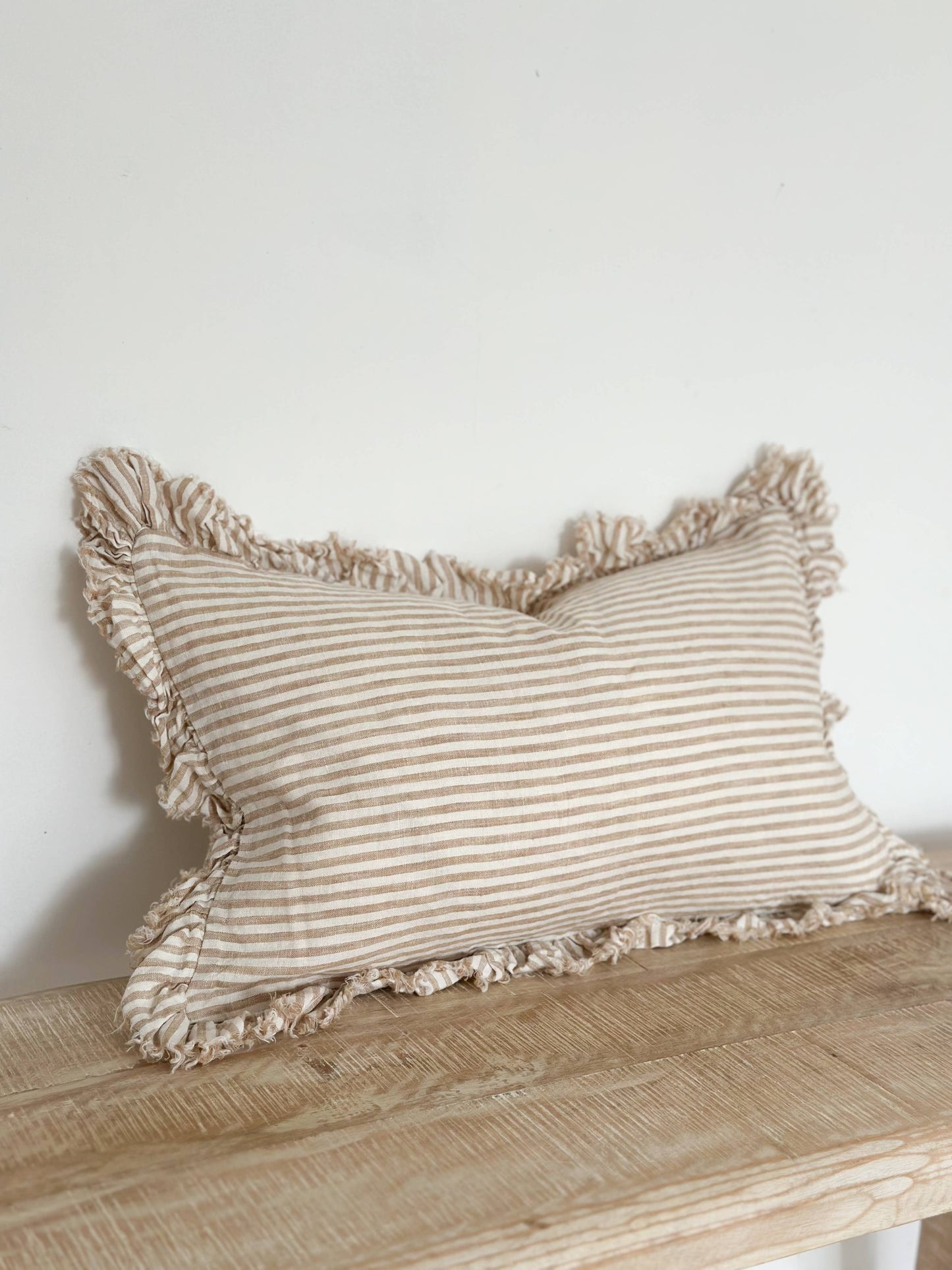 Harper Ruffled Linen Cushion 50x30 – Light Brown Stripe