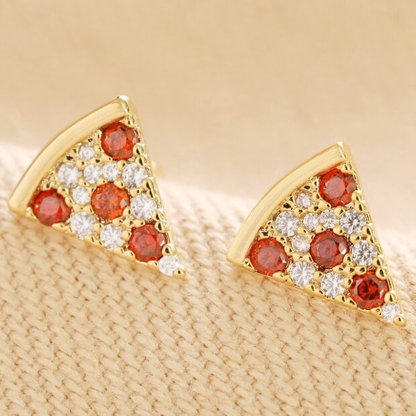 Crystal Pizza Stud Earrings in Gold