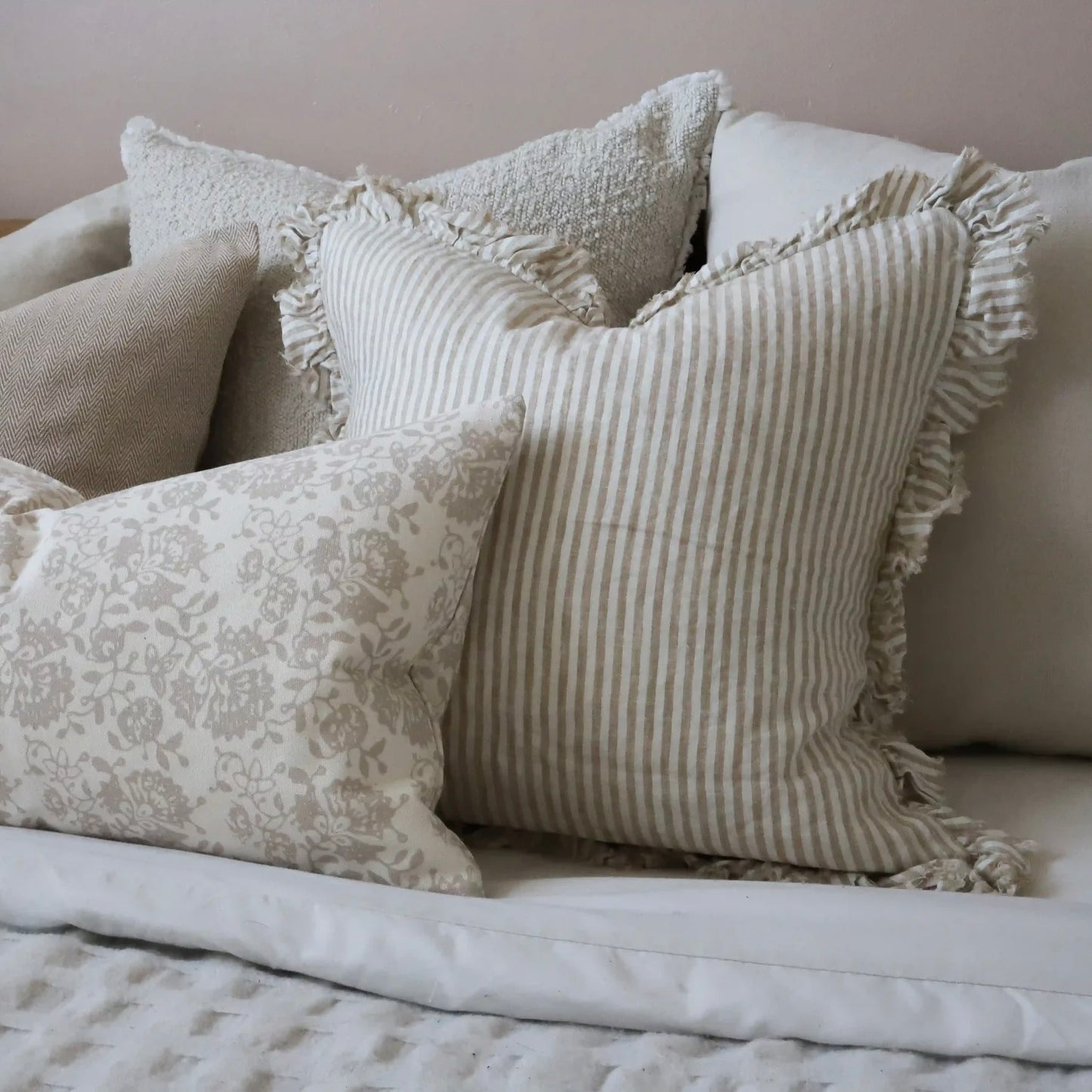 Hattie Light Brown Stripe Ruffle Edge Linen Cushion