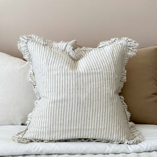 Hattie Natural Beige Stripe Ruffle Edge Linen Cushion