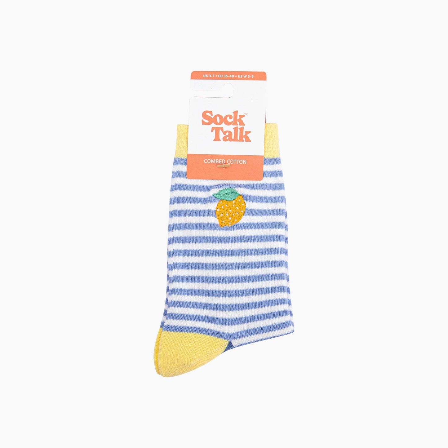 Embroidered Lemon Striped Combed Cotton Socks in Blue: UK 3-7 | EU 36-40 | US 5-9