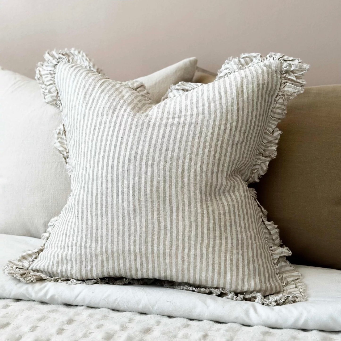 Hattie Natural Beige Stripe Ruffle Edge Linen Cushion