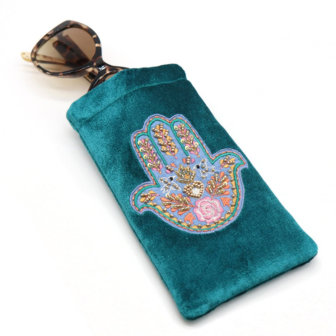 Teal Velvet Embroidered Glasses Case