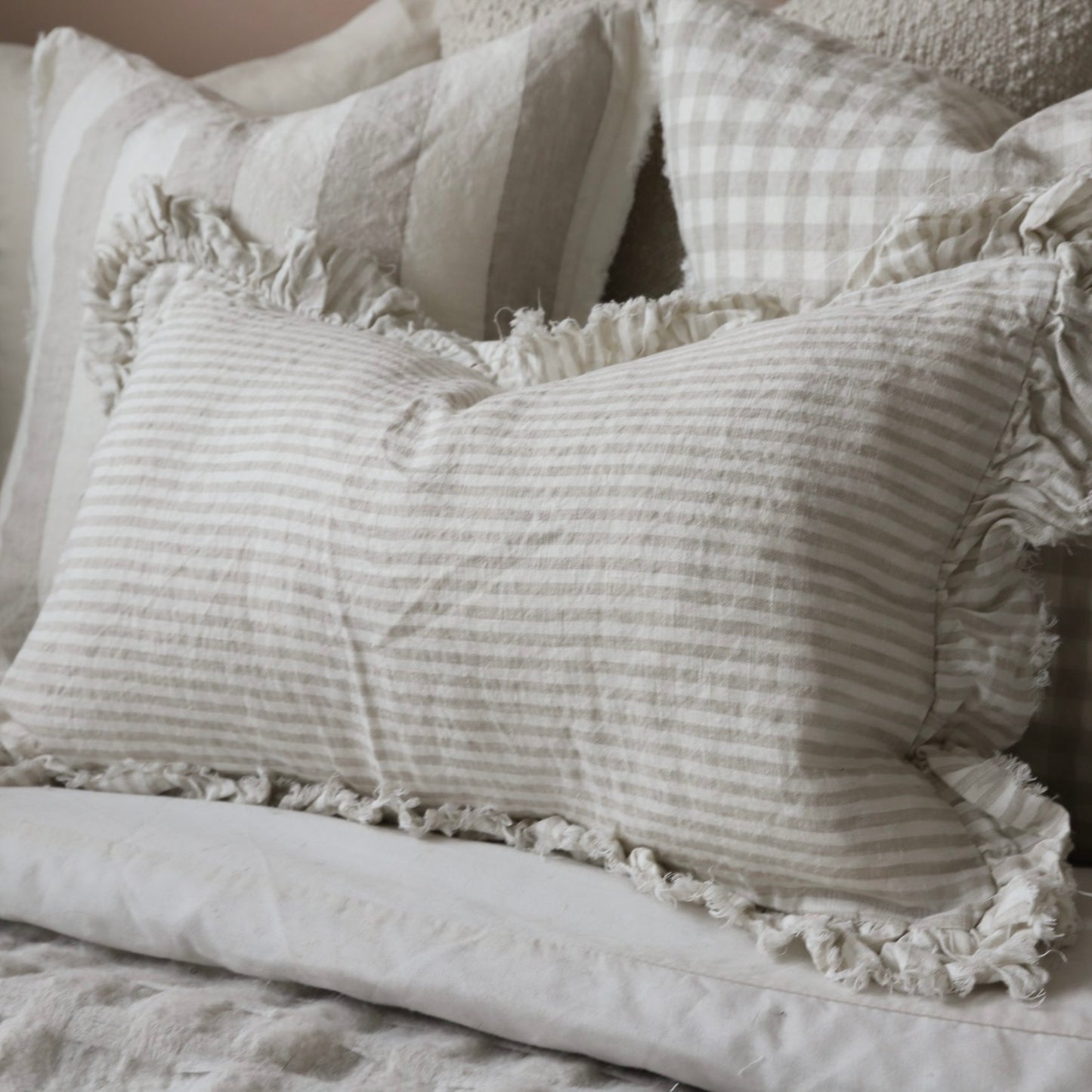 Hattie Natural Beige Stripe Ruffle Edge Linen Cushion