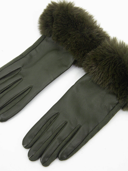 Maya Faux Fur Cuff Gloves - Khaki, PU: One-size