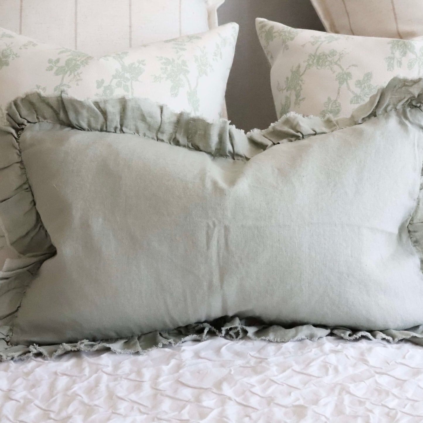 Hattie Ruffle Edge Sage Linen Cushion - 3 sizes
