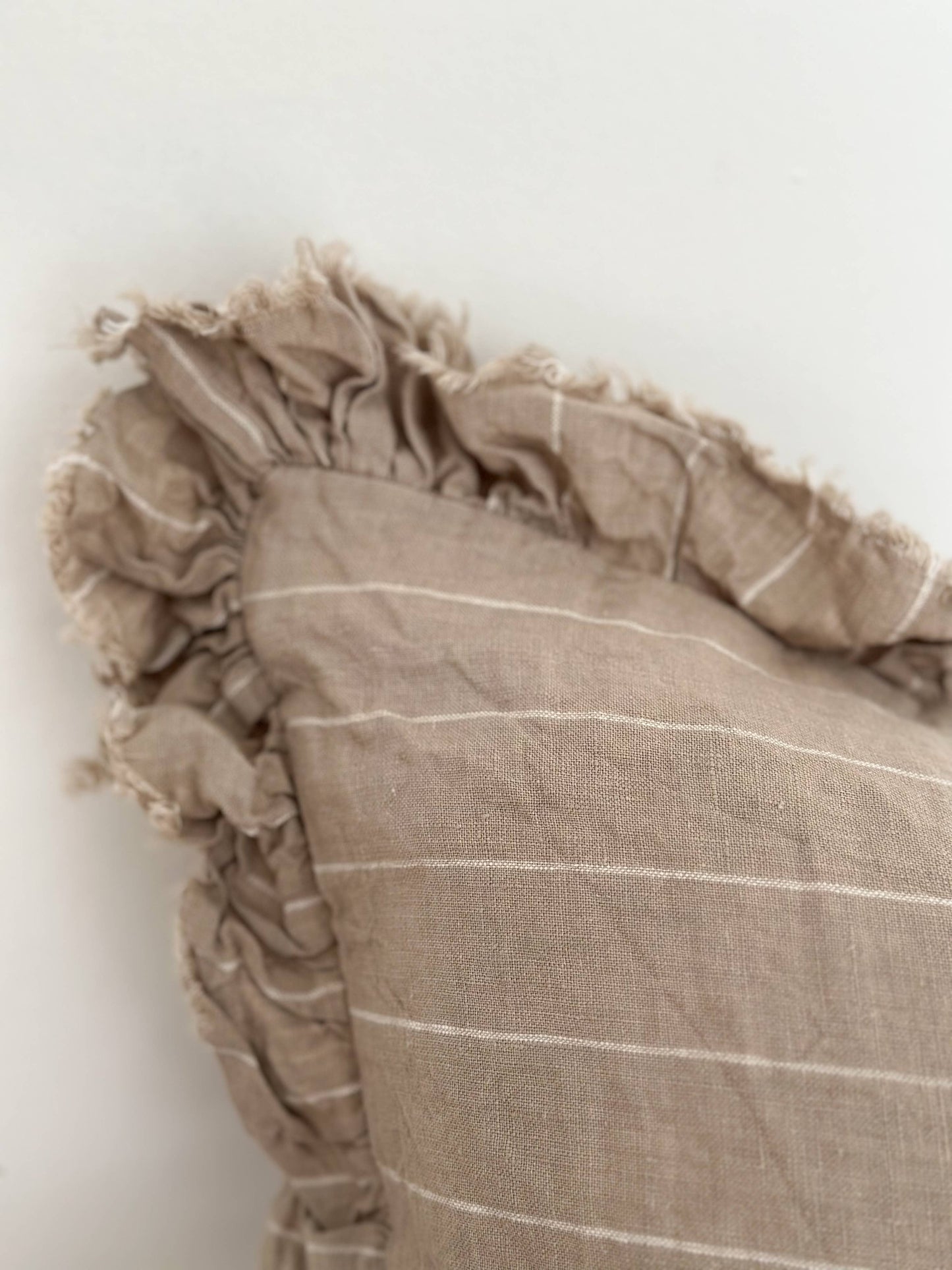Harper Ruffled Linen Cushion 50x30 – Beige Stripe