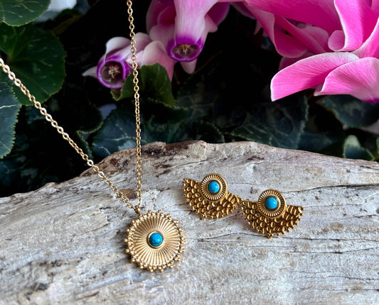 18ct Gold Plated Turquoise Sun Disc Pendant Necklace OR62