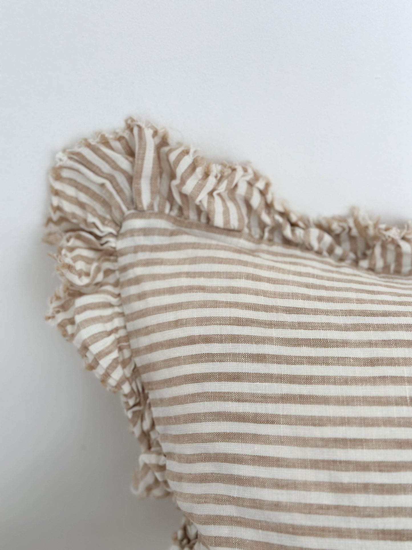 Harper Ruffled Linen Cushion 50x30 – Light Brown Stripe