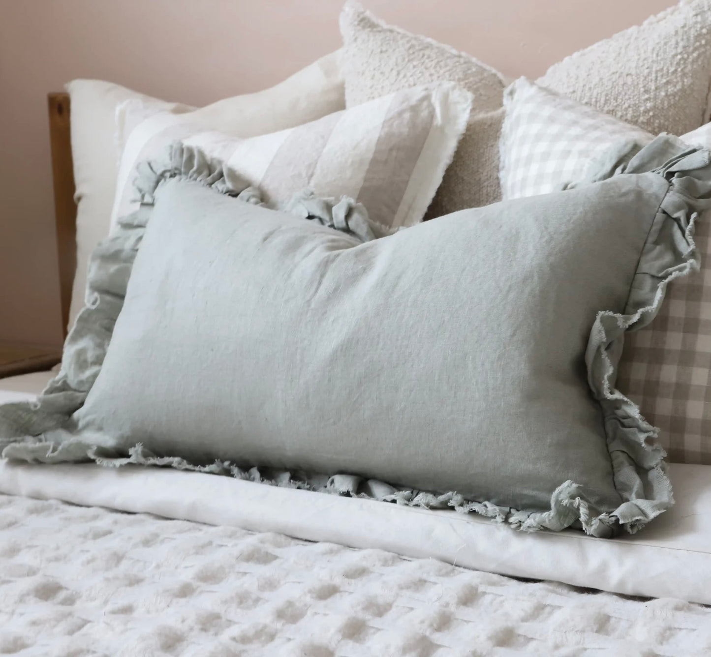 Hattie Ruffle Edge Sage Linen Cushion - 3 sizes
