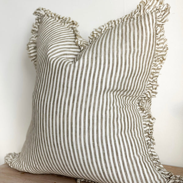 Hattie Olive Stripe Ruffle Edge Linen Cushion