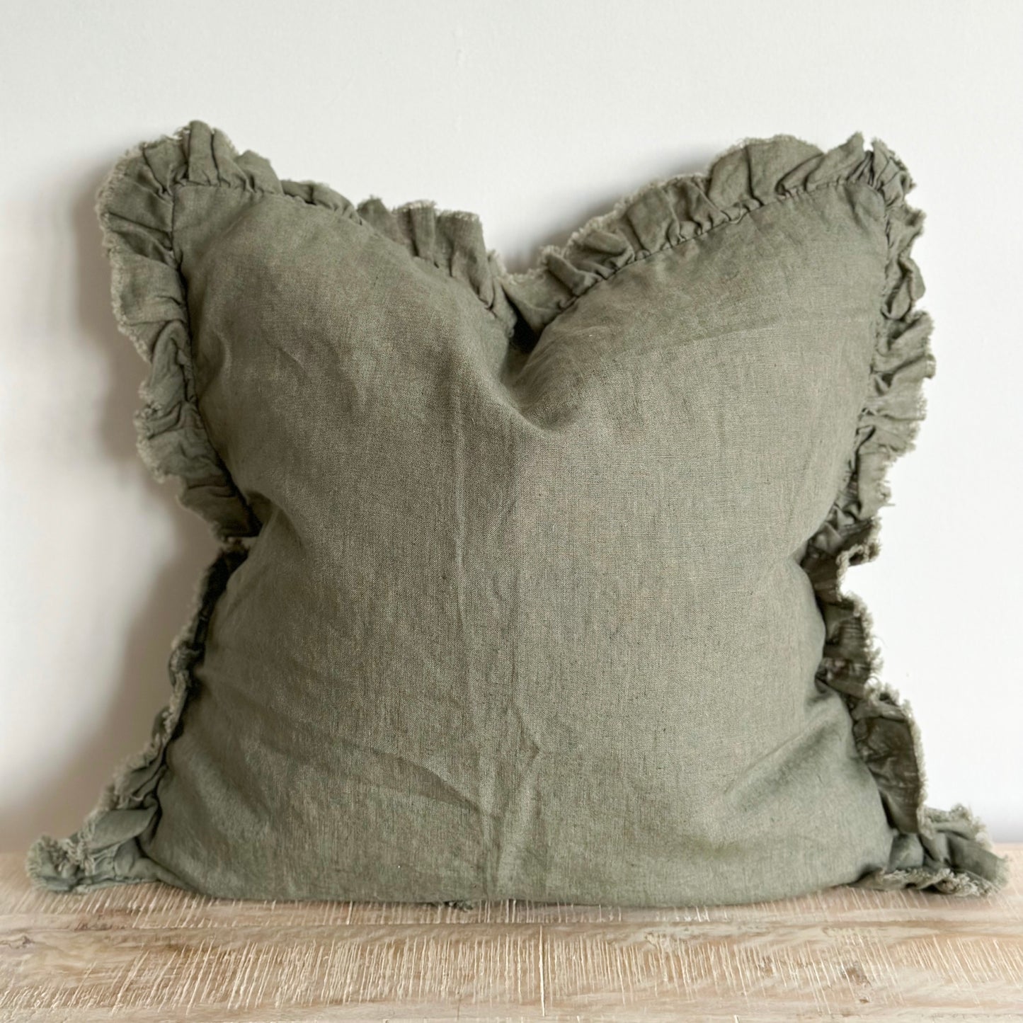 Hattie Ruffle Edge Khaki Linen Cushion