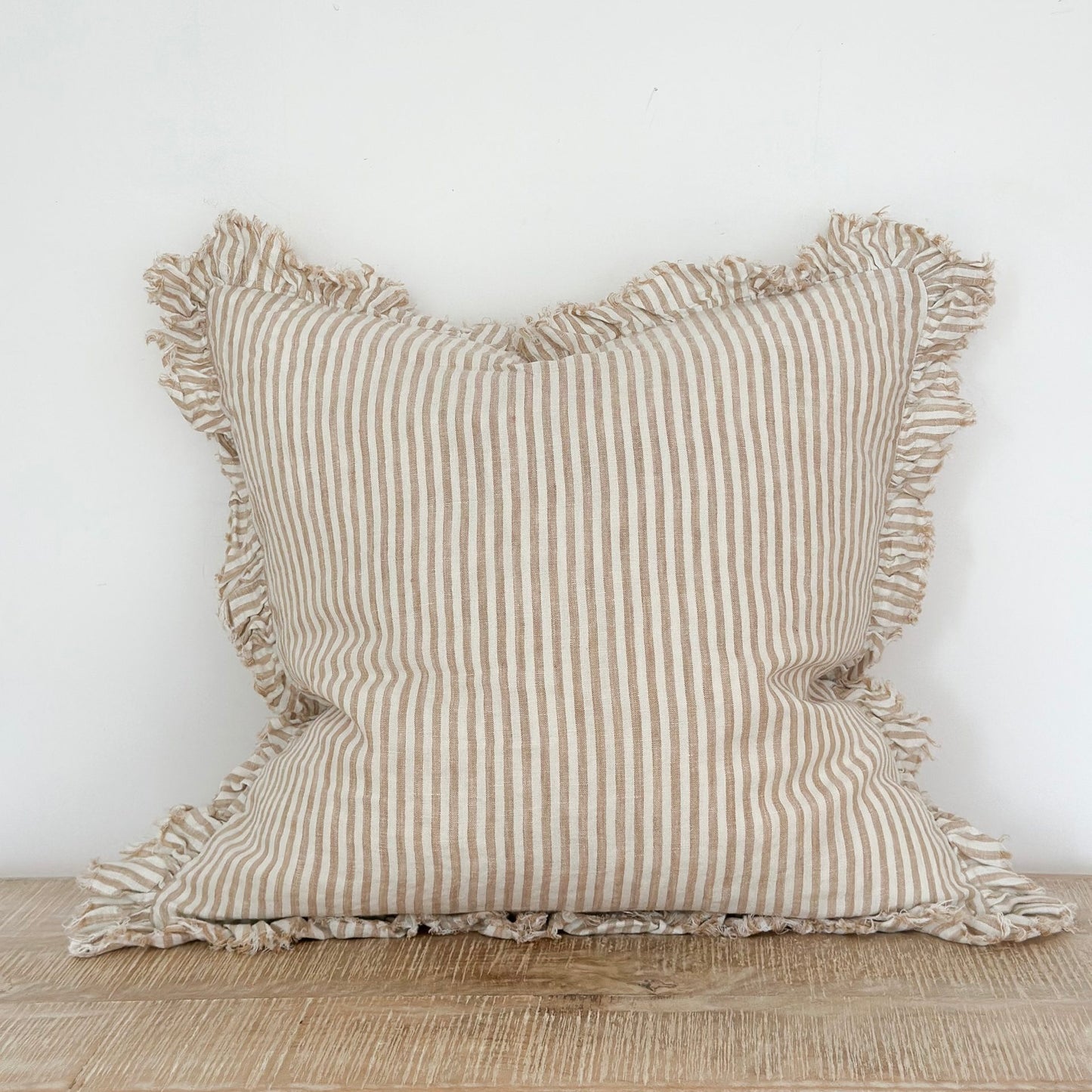 Hattie Light Brown Stripe Ruffle Edge Linen Cushion