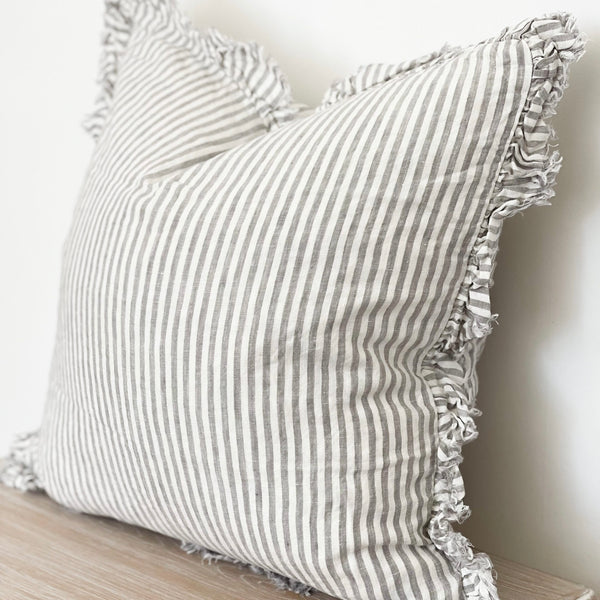 Hattie Grey Stripe Ruffle Edge Linen Cushion