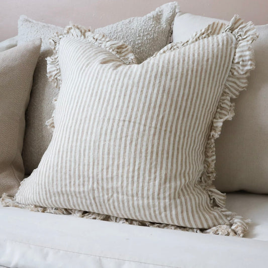 Hattie Light Brown Stripe Ruffle Edge Linen Cushion