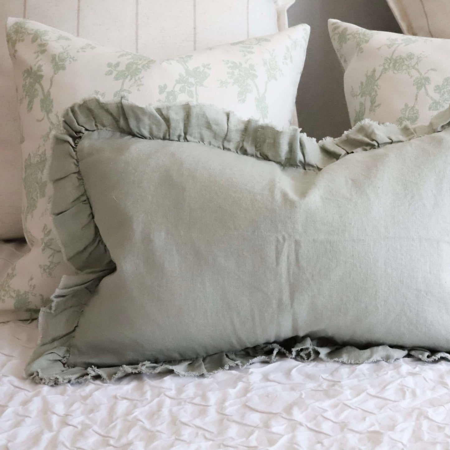 Hattie Ruffle Edge Sage Linen Cushion - 3 sizes