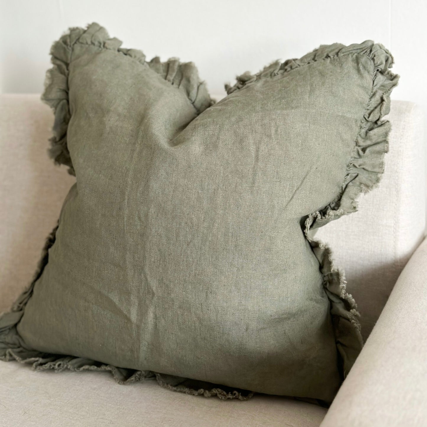 Hattie Ruffle Edge Khaki Linen Cushion