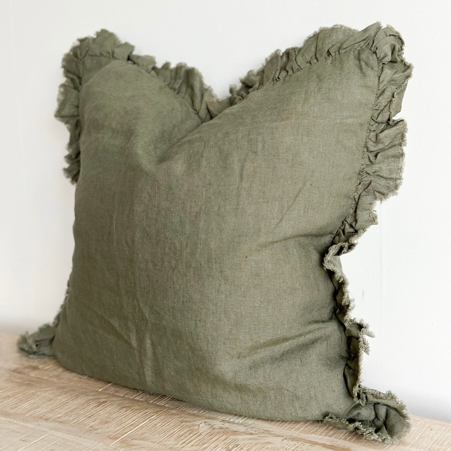 Hattie Ruffle Edge Khaki Linen Cushion