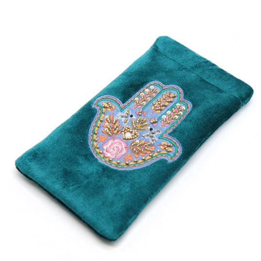 Teal Velvet Embroidered Glasses Case