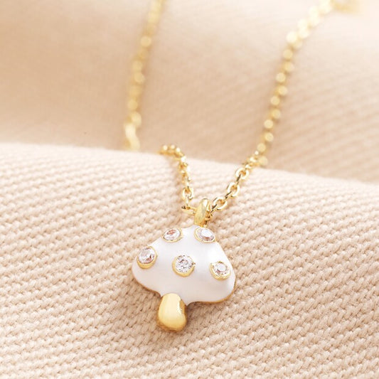 White Enamel Mushroom Pendant Necklace in Gold