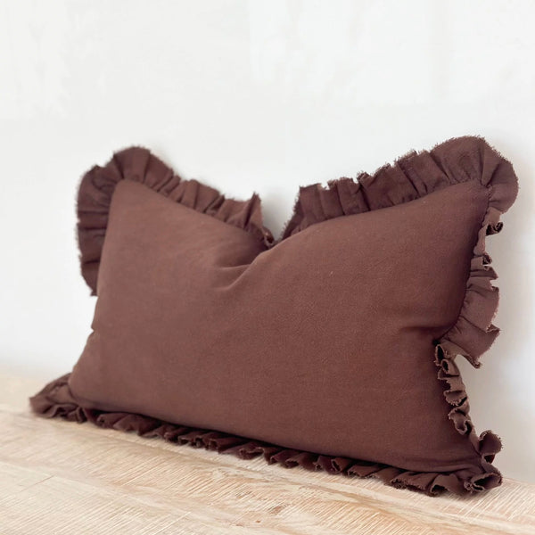 Greta Ruffle Edge Chocolate Oblong Cushion - 50x30cm
