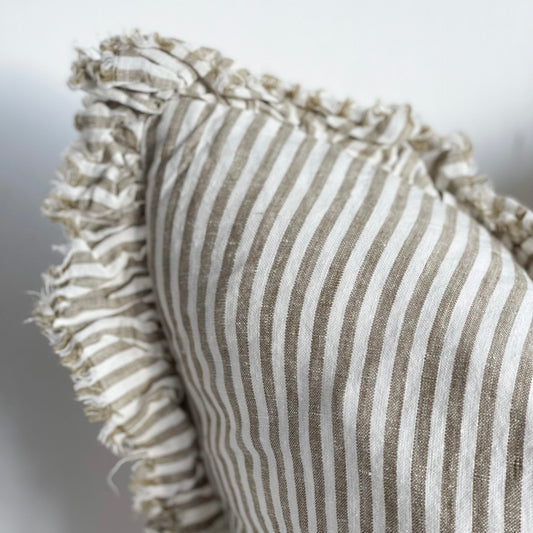 Hattie Olive Stripe Ruffle Edge Linen Cushion