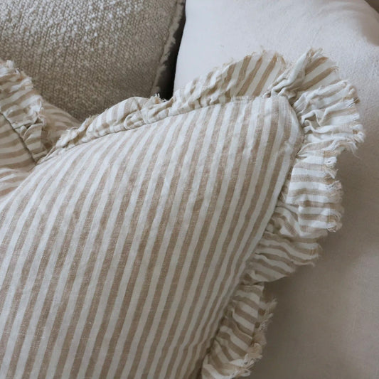 Hattie Light Brown Stripe Ruffle Edge Linen Cushion