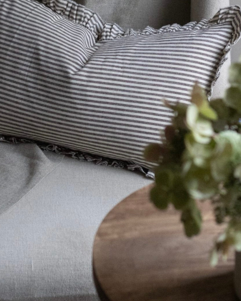 Darcy Dark Brown Stripe Ruffle Cotton Cushion 50x30