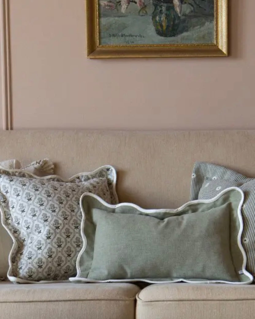 Chloe Sage Print Scalloped Edge Cushion Cover
