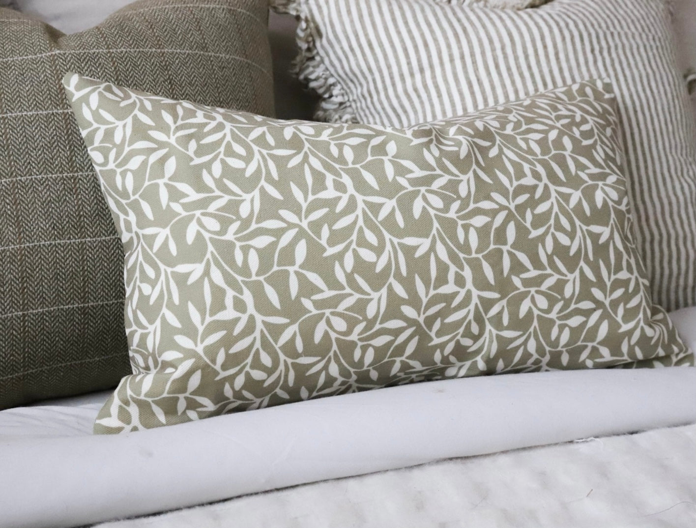Aria Cotton Cushion Cover – Olive Leaf Print: 45 x 45 cm