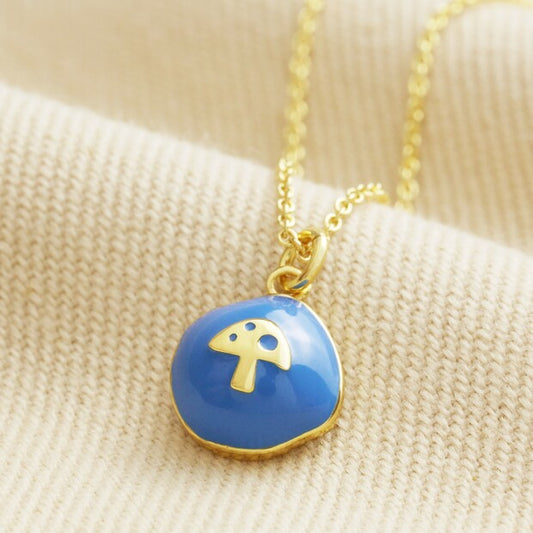 Blue Enamel Mushroom Pendant Necklace in Gold