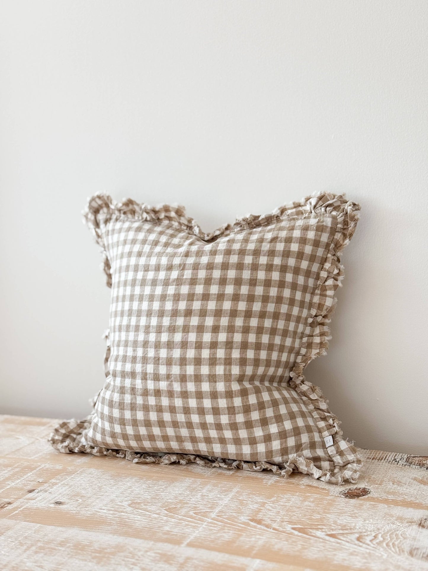 Hattie Ruffled Linen Cushion Light Brown Gingham 45 x 45 cm