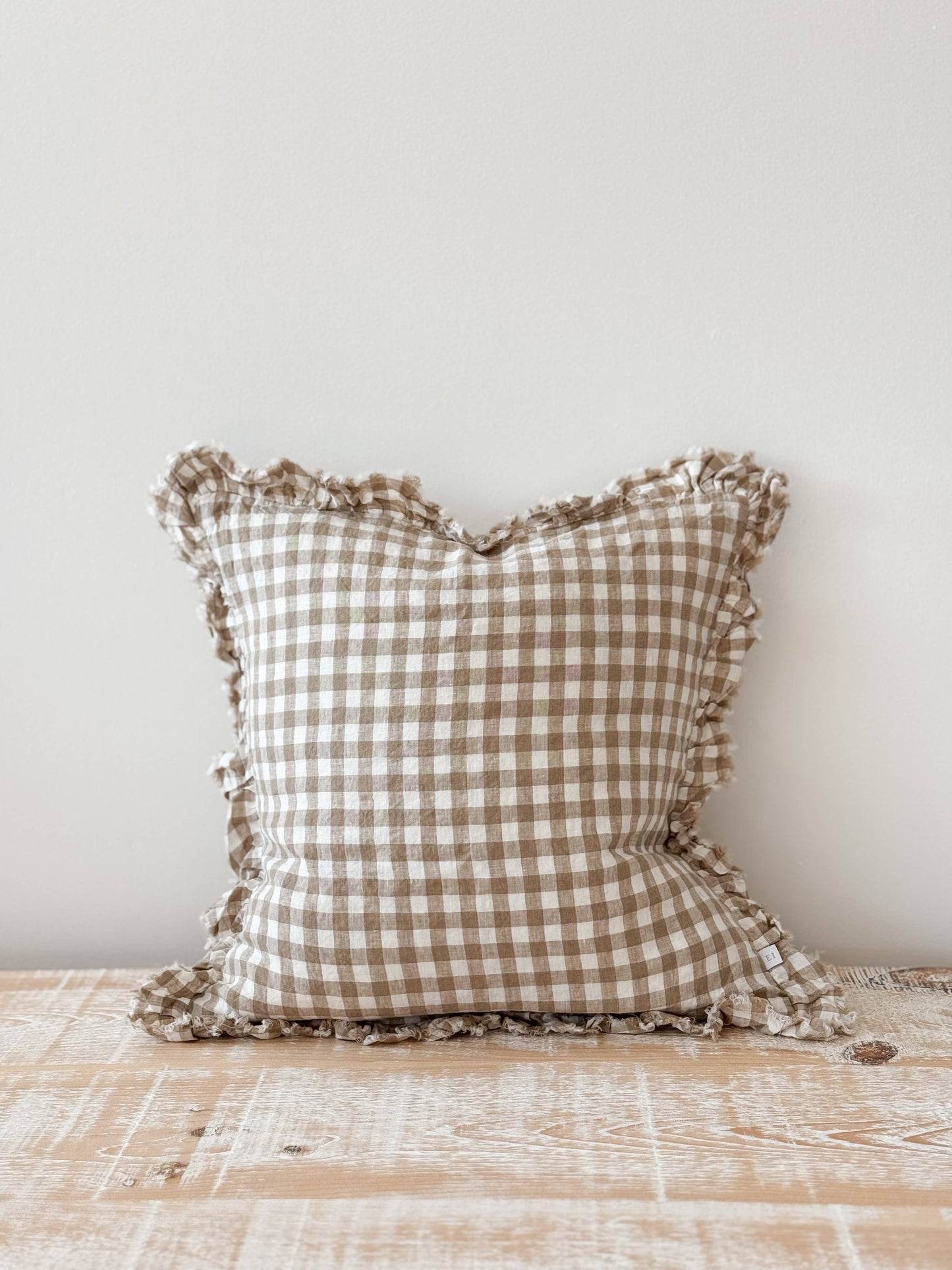 Hattie Ruffled Linen Cushion Light Brown Gingham 45 x 45 cm