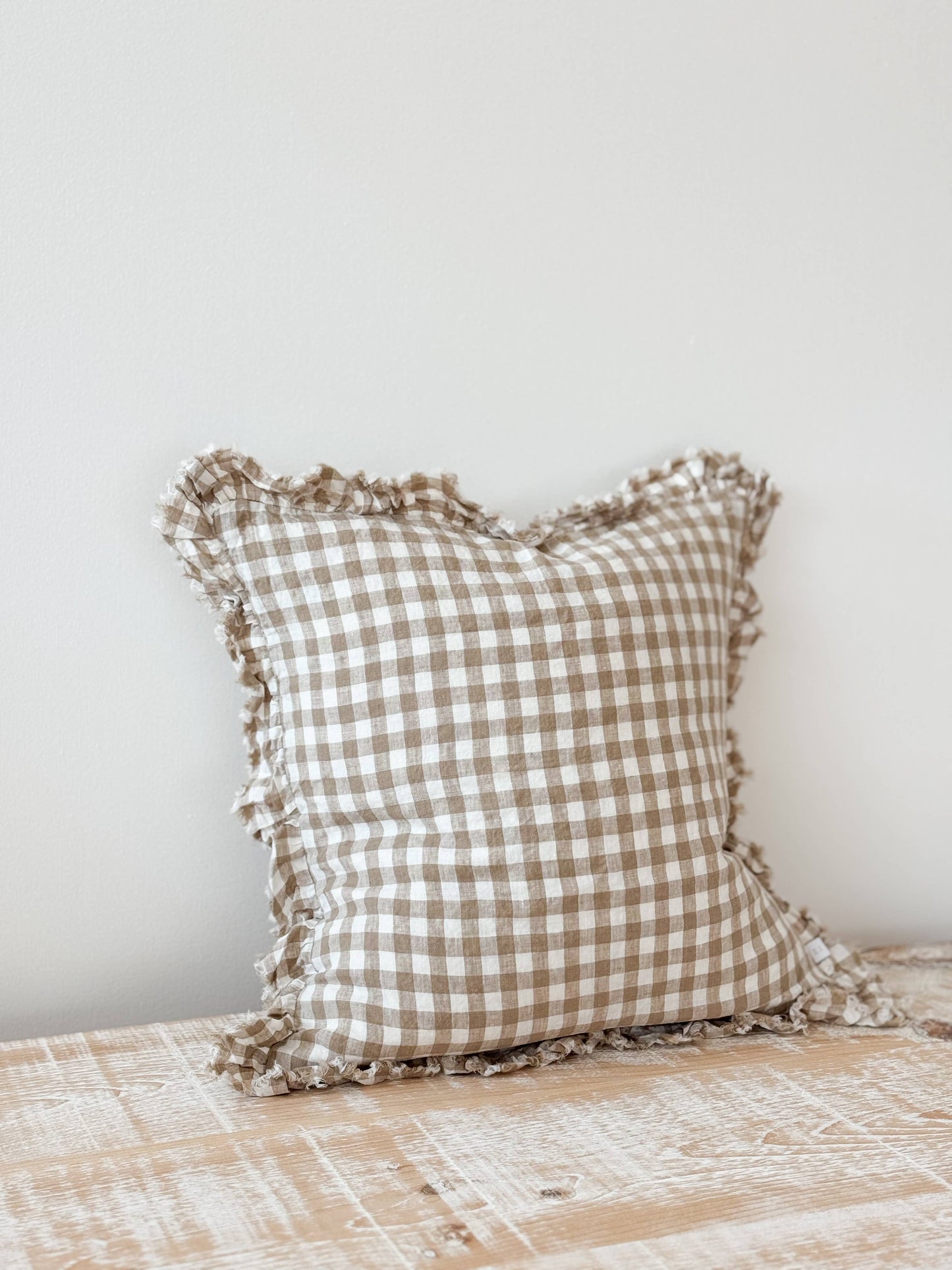 Hattie Ruffled Linen Cushion Light Brown Gingham 45 x 45 cm