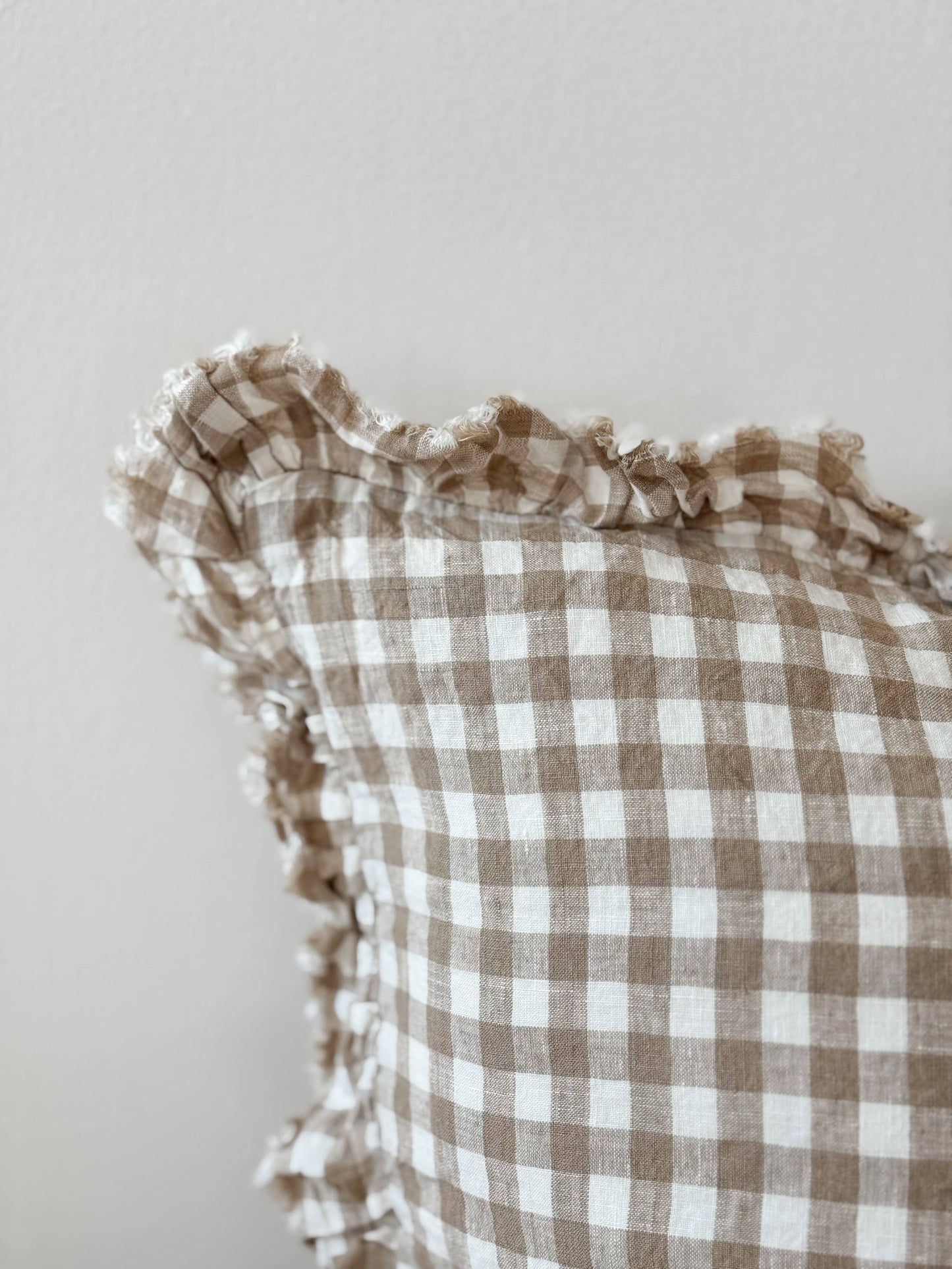 Hattie Ruffled Linen Cushion Light Brown Gingham 45 x 45 cm