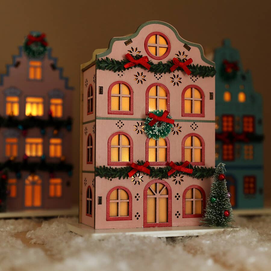 Battery Powered Wooden Pink House LED Light Decoration