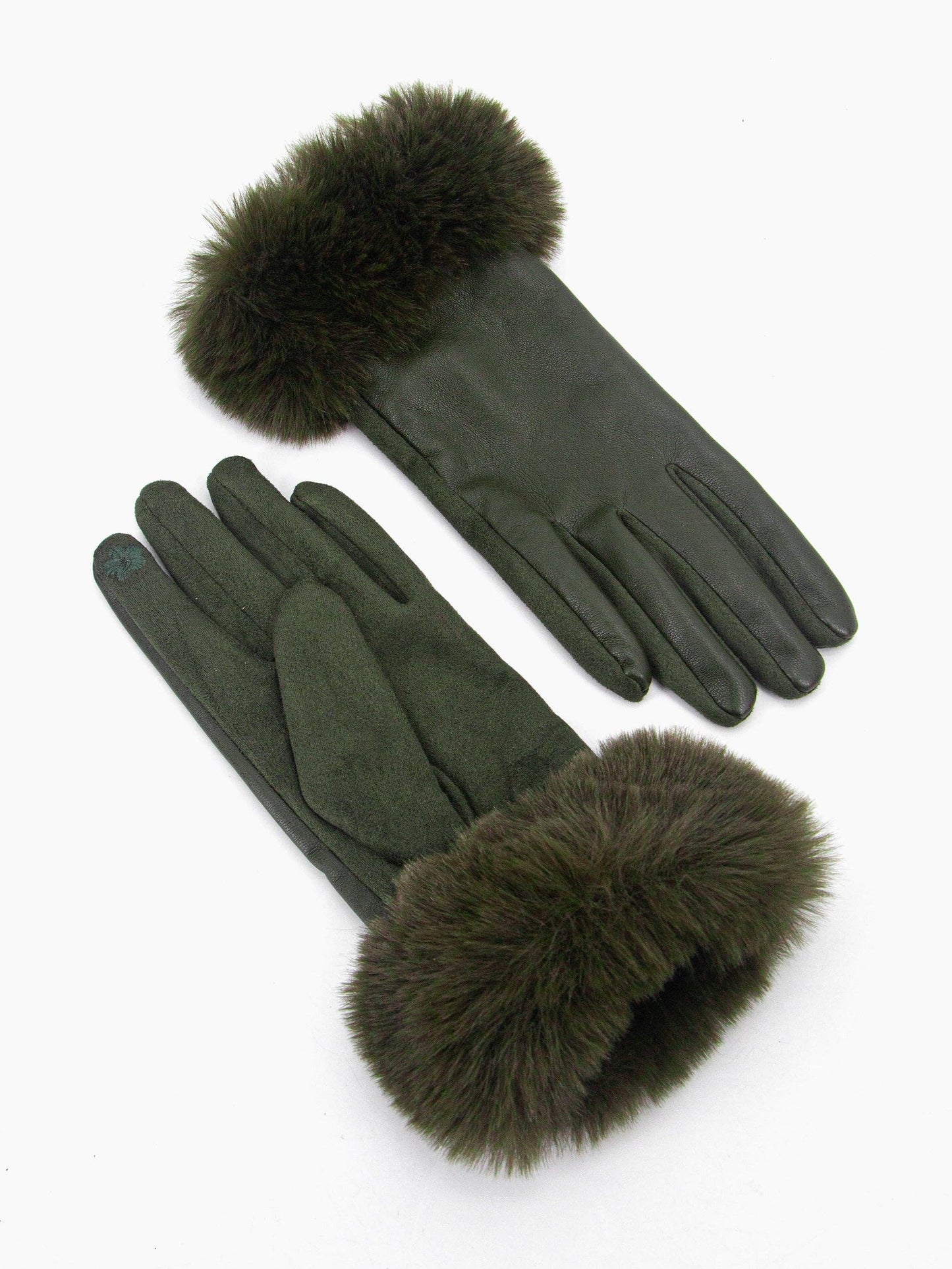 Maya Faux Fur Cuff Gloves - Khaki, PU: One-size