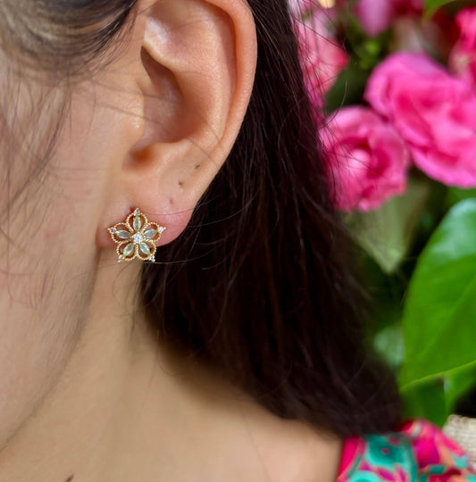 14ct Gold Plated Cubic Zirconia Green Petal Flower Earrings OR56